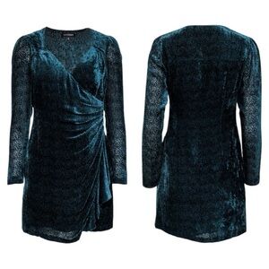 INTERMIX Teal Velvet Wrap Long Sleeve Mini Dress